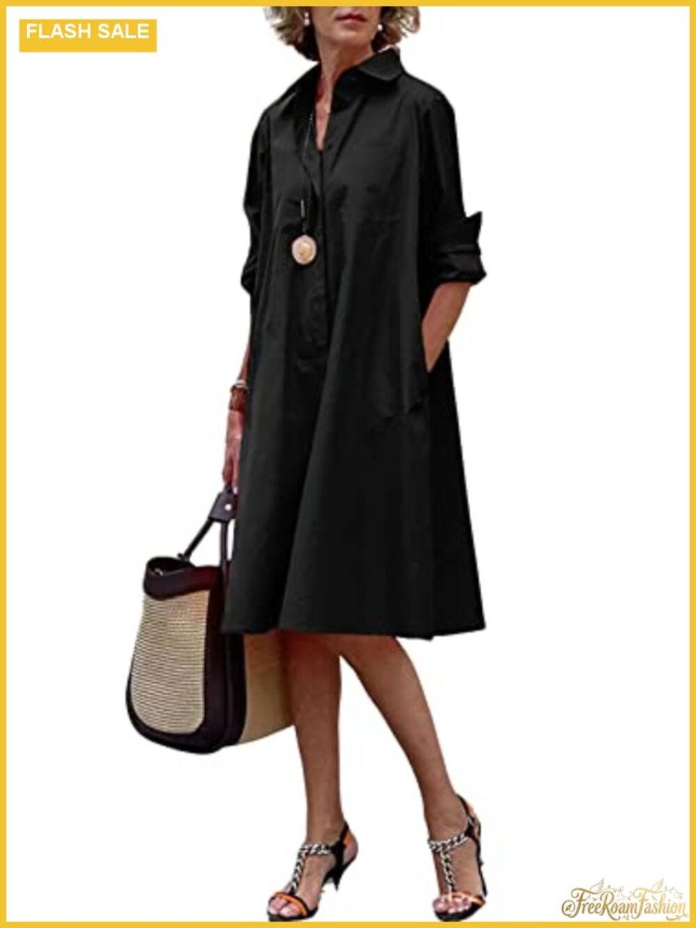 Chouyatou Women's Button-Down Shirt Dress Loose Fit A-Line Midi Shift Tunic